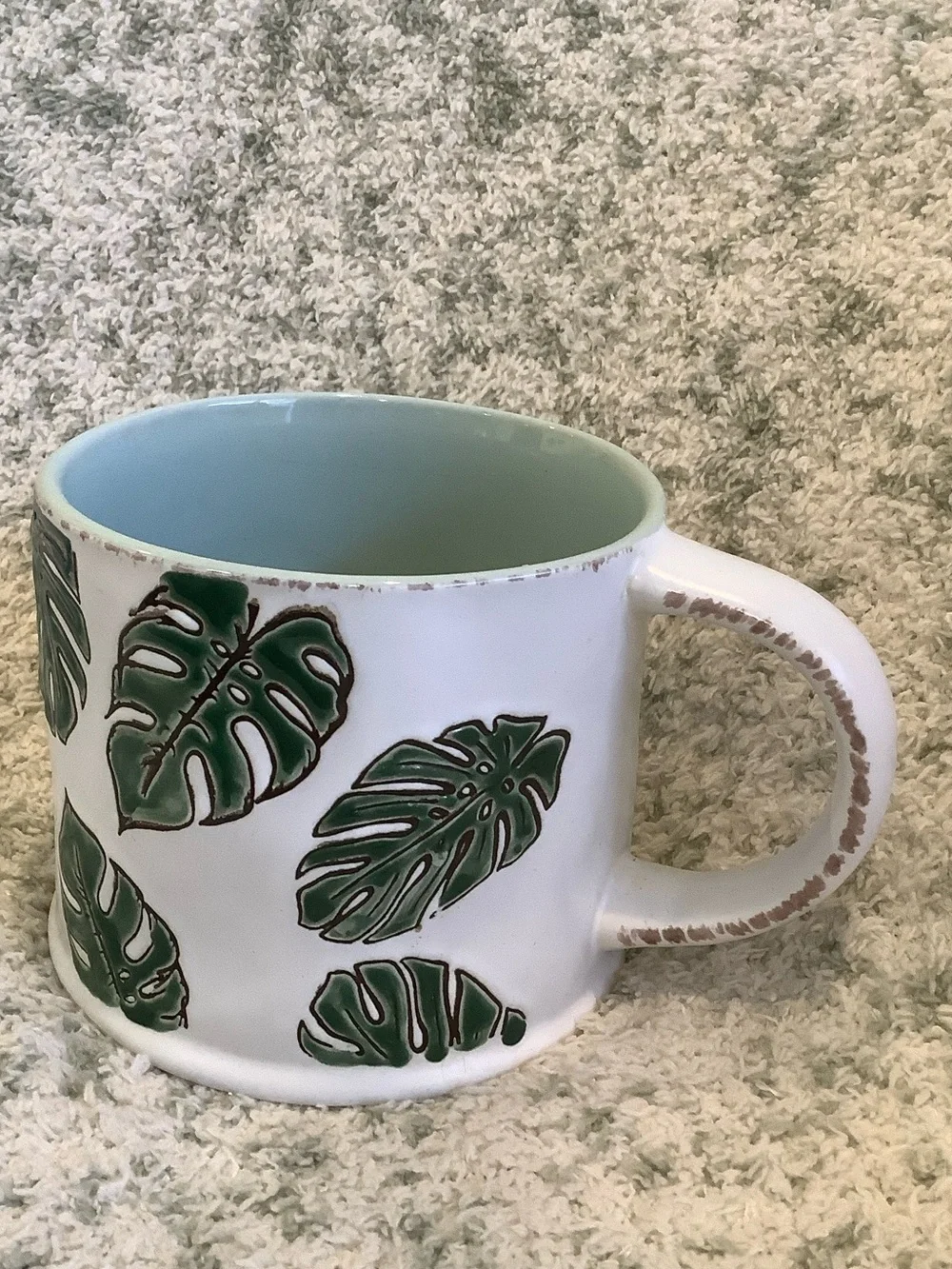 White Tropical Ceramic Mug with Green Monstera Leaf  RS 16oz.